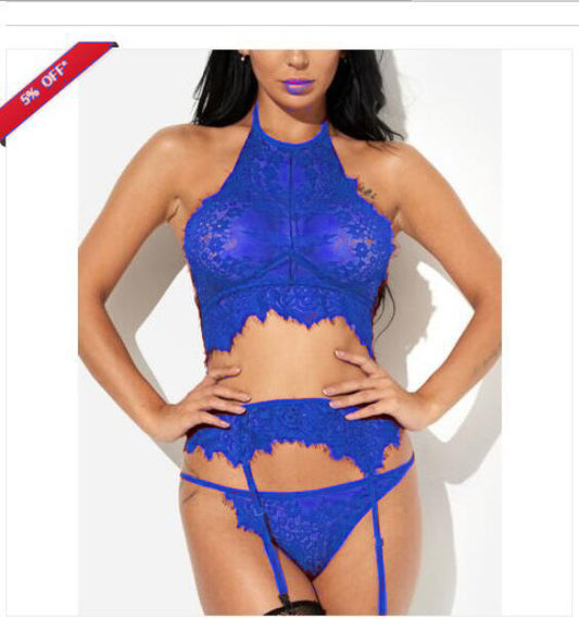 Three-Piece Sheer Lace Halter Lingerie Set