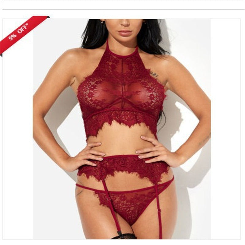 Three-Piece Sheer Lace Halter Lingerie Set