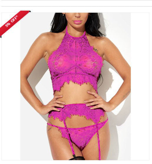 Three-Piece Sheer Lace Halter Lingerie Set