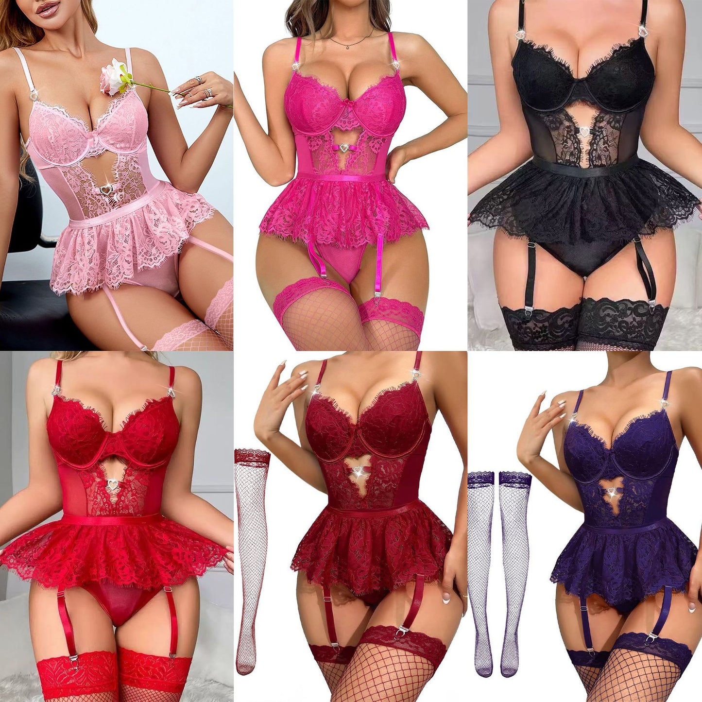 Heart Lace Bodysuit & Thigh-High Socks Lingerie Set