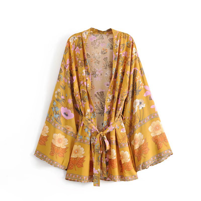Boho Cotton Print Belted Kimono