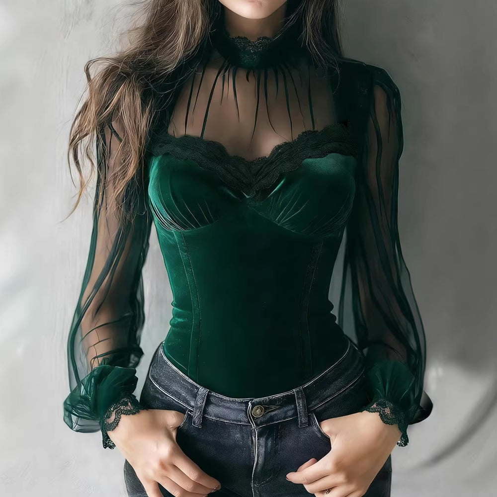 Flared-Sleeve Lace-Up Top with Cinched Waist