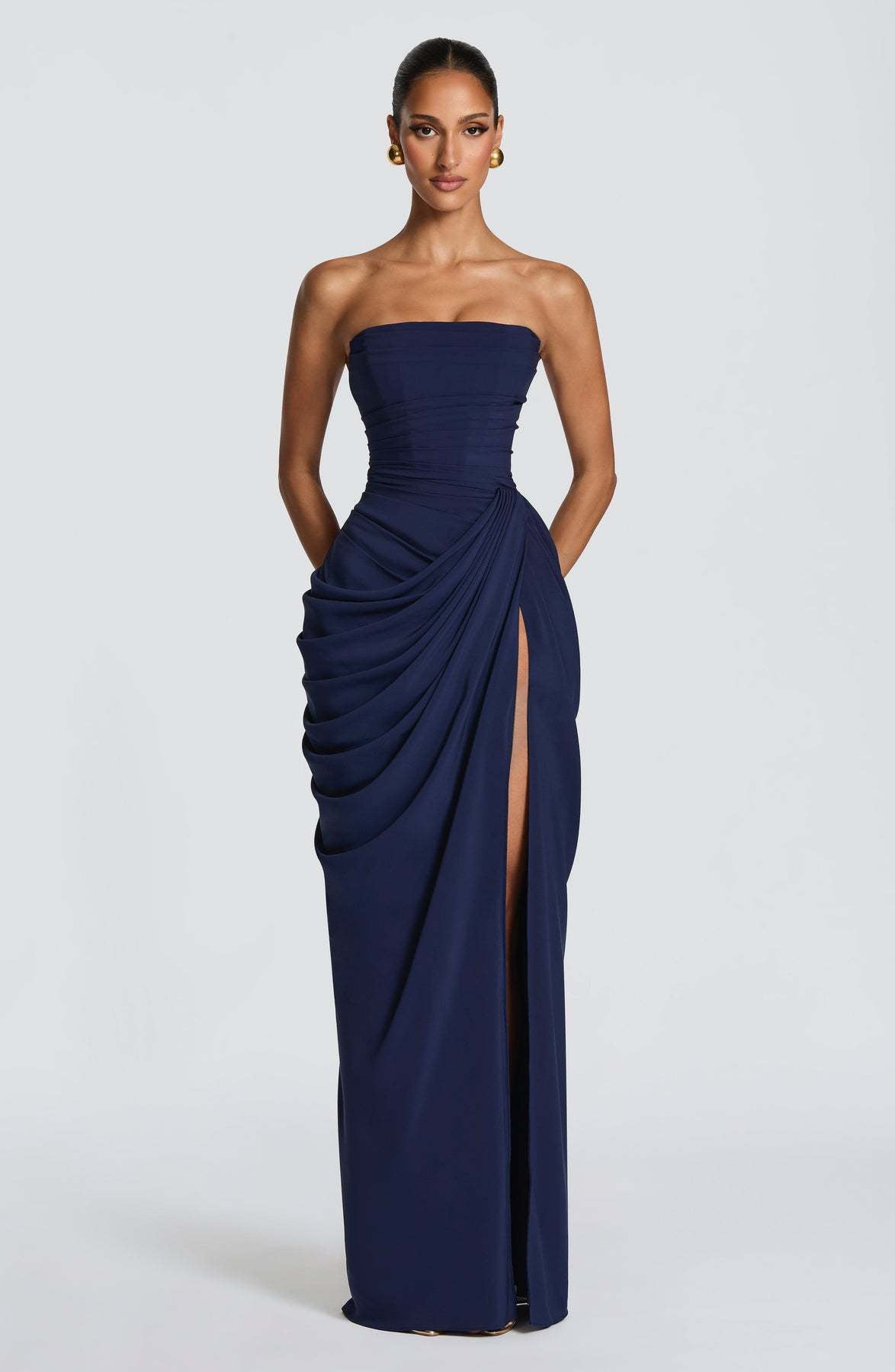 Strapless Asymmetric Pleated Slit Dress