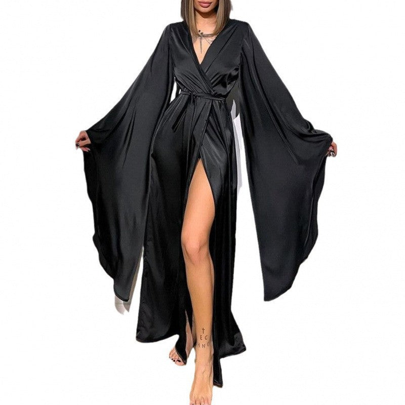Elegant Long Lace-Up Robe with Slit