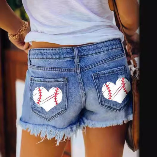 Ripped Tassel Denim Shorts with Heart Patch