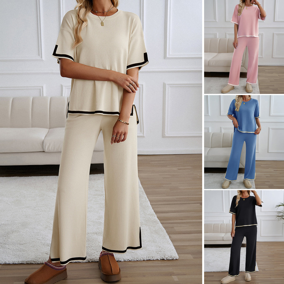 Knit Short-Sleeve Top & Pants Casual Set