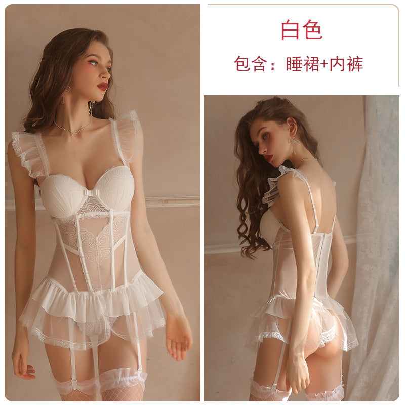 Lace Mesh Puff-Skirt Lingerie Set