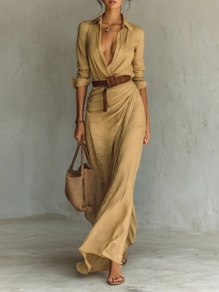 Pleated Belted Midi Dress