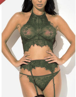 Three-Piece Sheer Lace Halter Lingerie Set