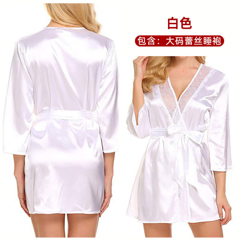 Plus-Size Lace Lingerie & Satin Robe Set