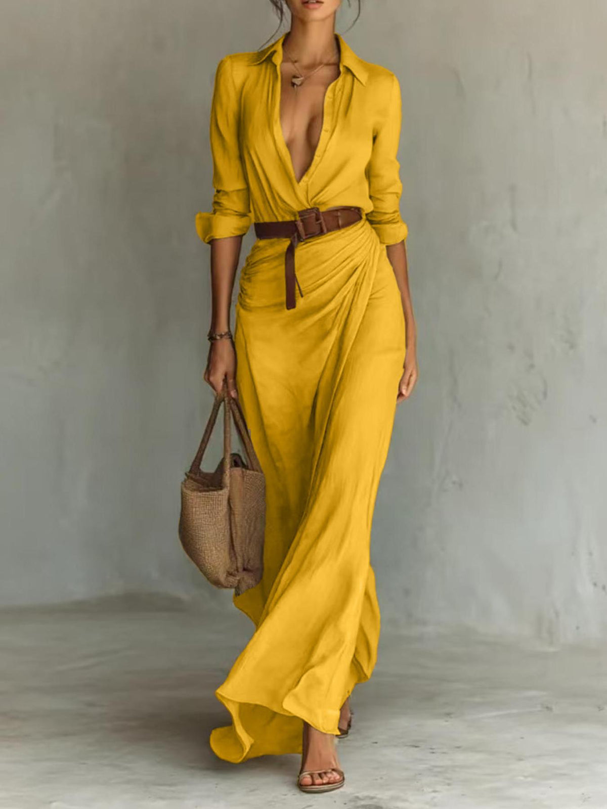 Pleated Belted Midi Dress