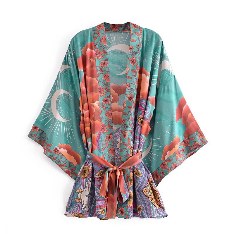 Boho Cotton Print Belted Kimono