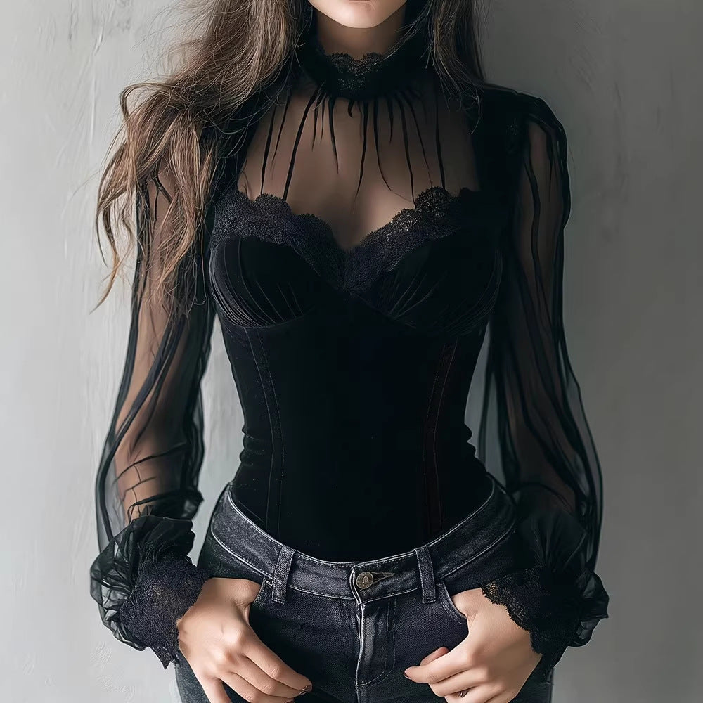 Flared-Sleeve Lace-Up Top with Cinched Waist
