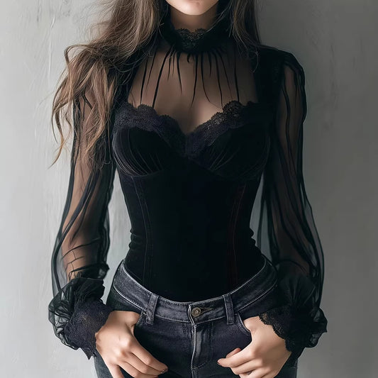 Flared-Sleeve Lace-Up Top with Cinched Waist