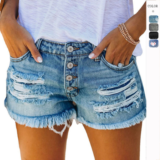 Ripped Tassel Denim Shorts with Heart Patch