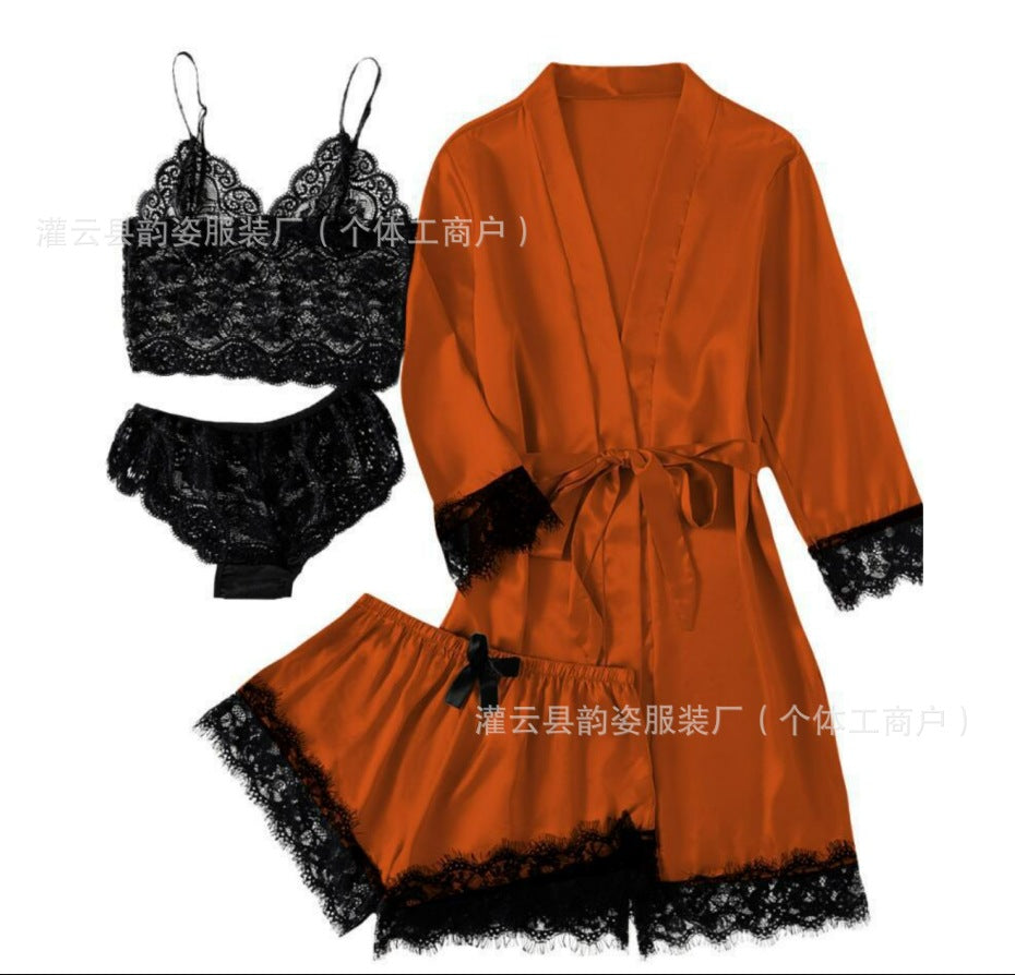 Silky Robe & Lace Halter Slip Set