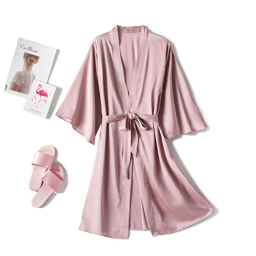 Silky Mid-Length Robe & Nightgown Set