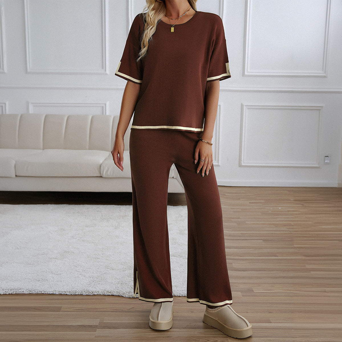 Knit Short-Sleeve Top & Pants Casual Set