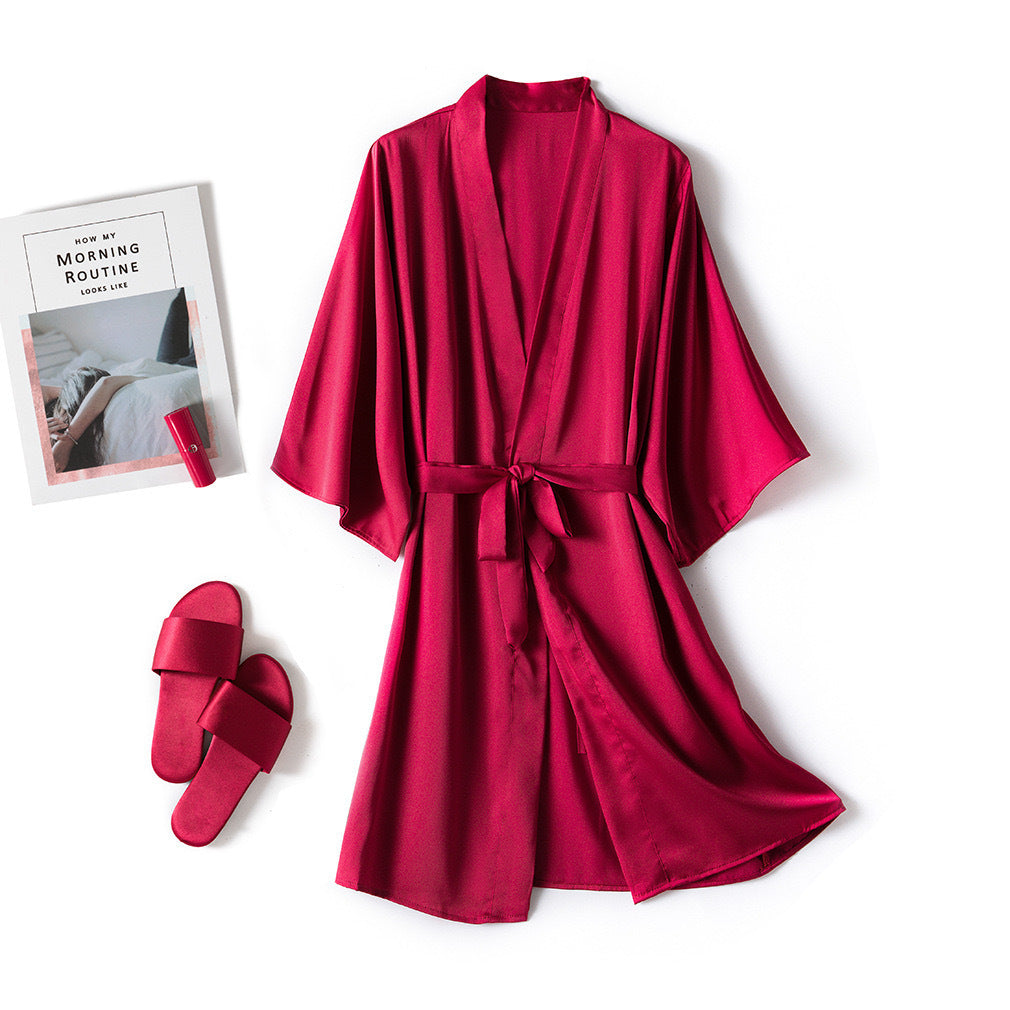 Silky Mid-Length Robe & Nightgown Set