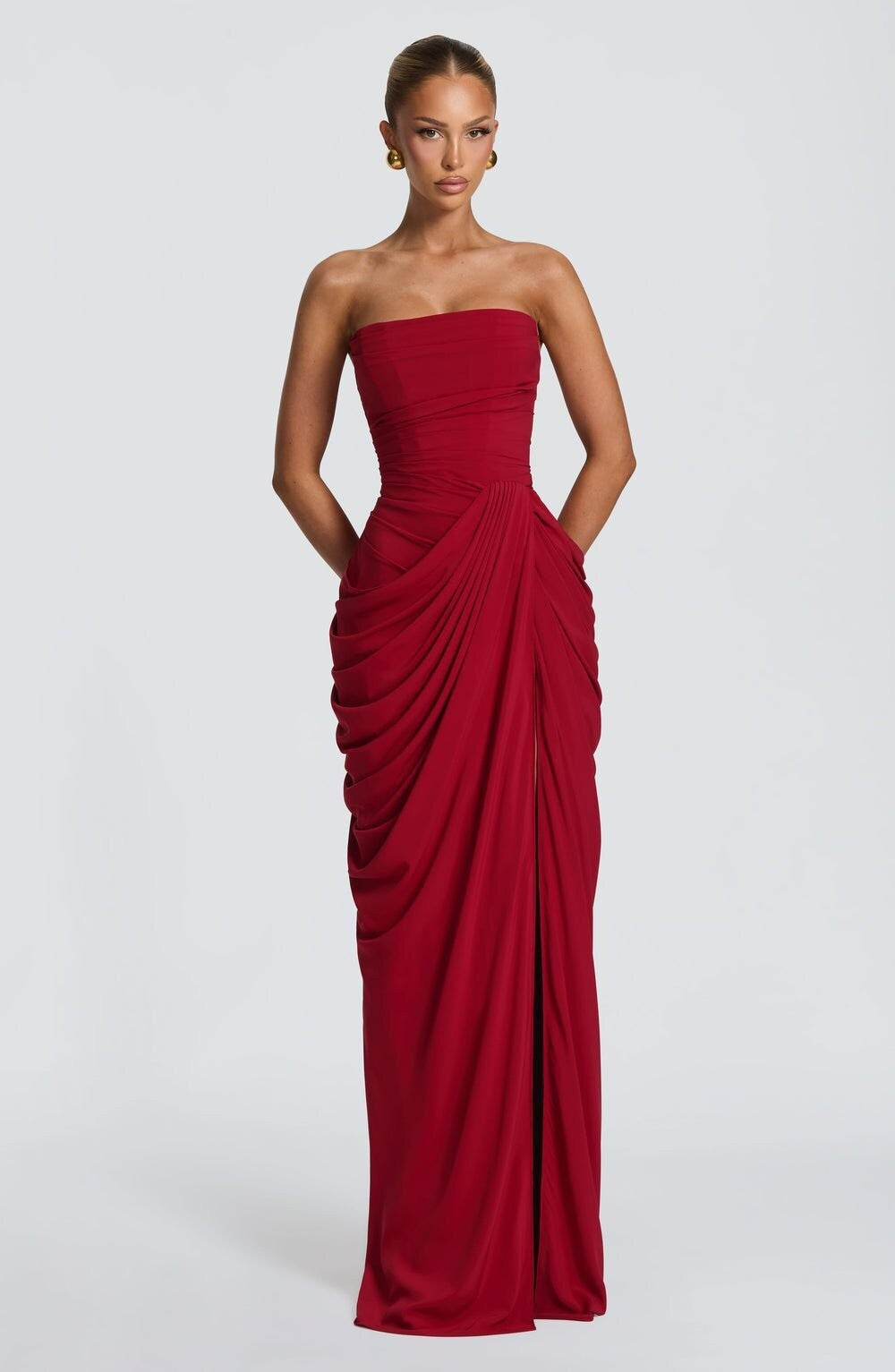 Strapless Asymmetric Pleated Slit Dress