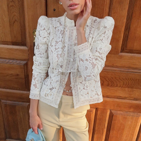 Lace Crochet High-Neck Fitted Shirt