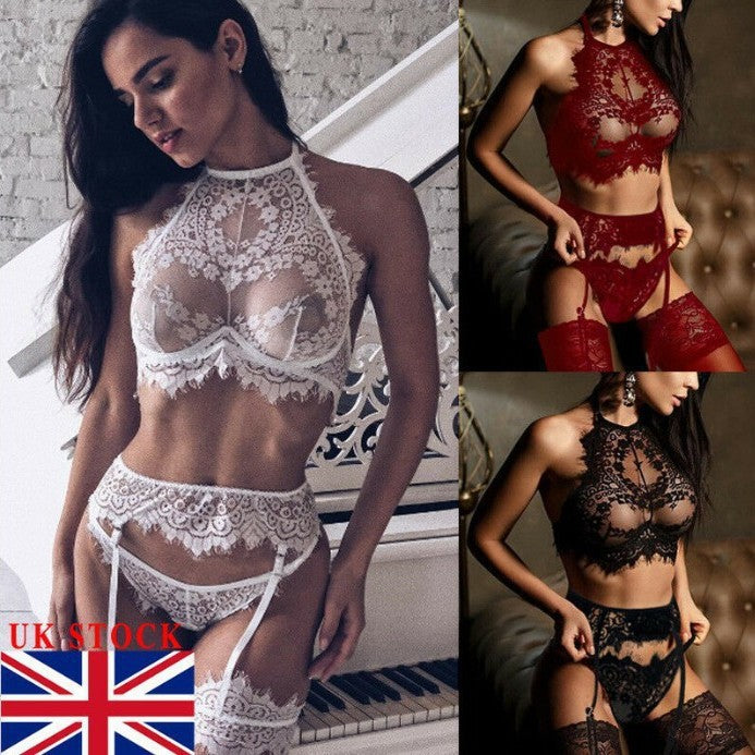 Three-Piece Sheer Lace Halter Lingerie Set