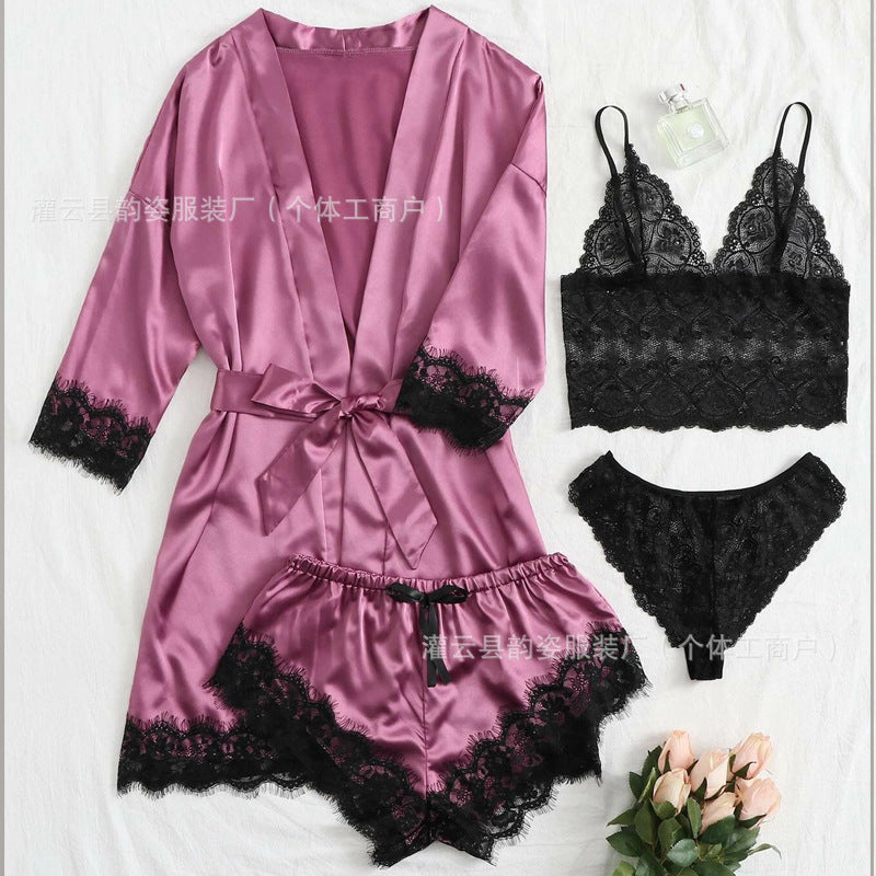 Silky Robe & Lace Halter Slip Set