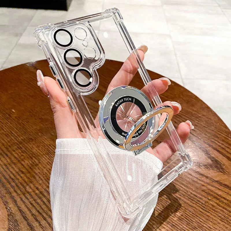 Luxury Magnetic Plating Stand Case for Samsung Galaxy S25 / S24 / S23 / S22 / S21 / Note 20 / Note 10 – Shockproof Acrylic Clear Cover