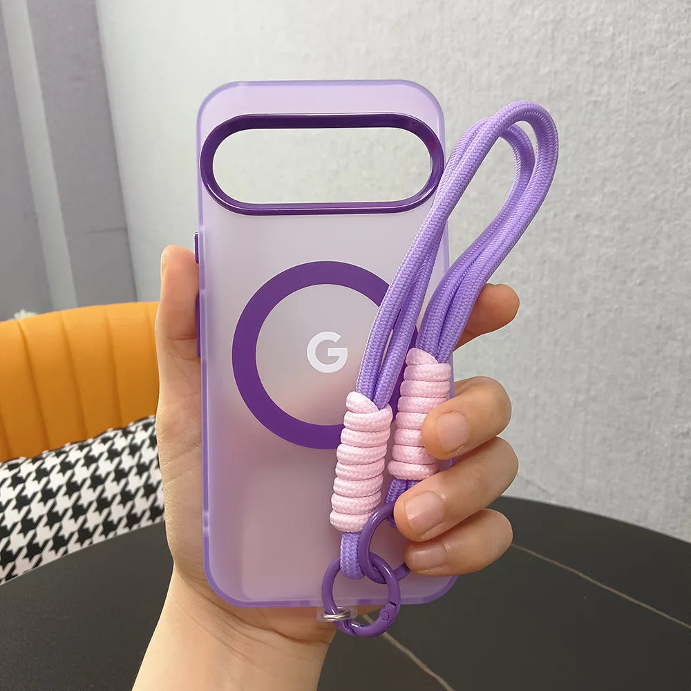 Translucent Matte Candy Color MagSafe Case with Wrist Lanyard for Google Pixel 8–10 Series