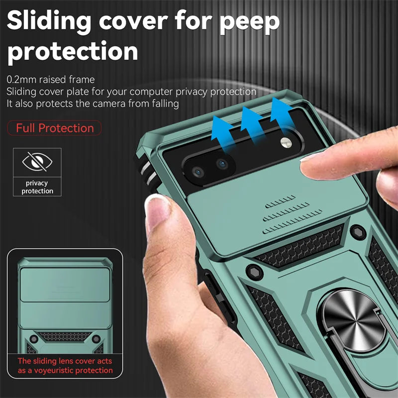 Sliding Camera Cover Armor Case with Ring Holder for Google Pixel 6–8 Series