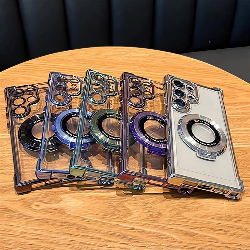 Luxury Magnetic Plating Stand Case for Samsung Galaxy S25 / S24 / S23 / S22 / S21 / Note 20 / Note 10 – Shockproof Acrylic Clear Cover