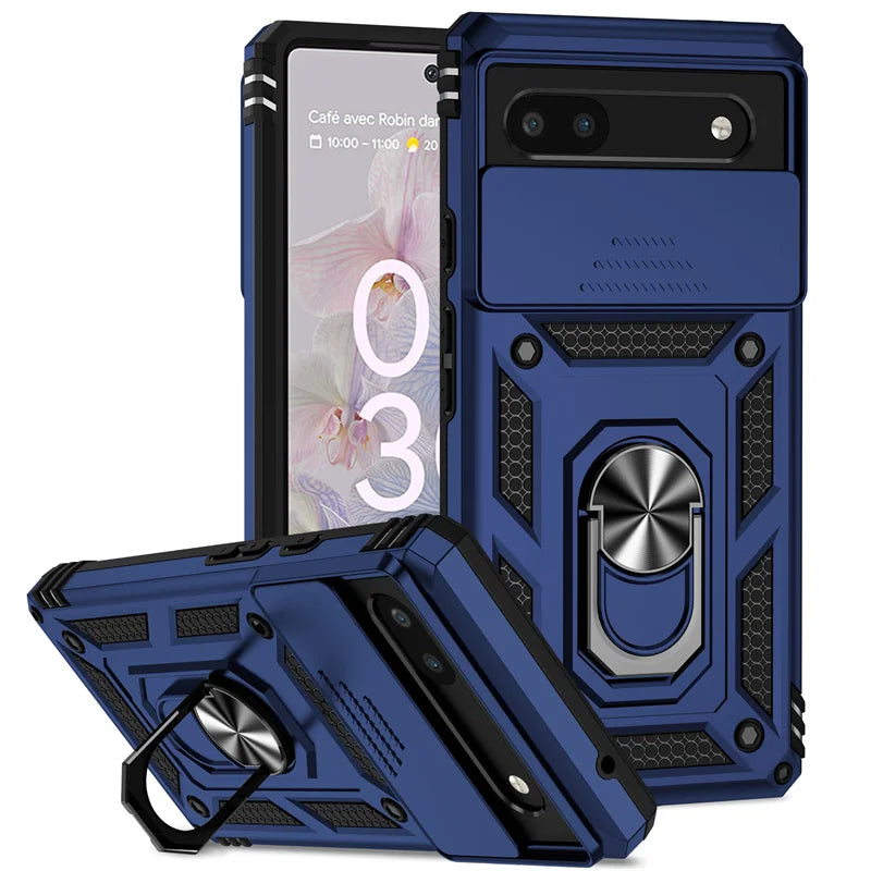 Sliding Camera Cover Armor Case with Ring Holder for Google Pixel 6–8 Series