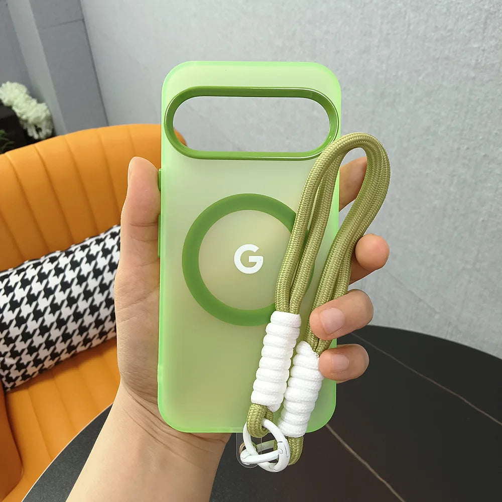 Translucent Matte Candy Color MagSafe Case with Wrist Lanyard for Google Pixel 8–10 Series