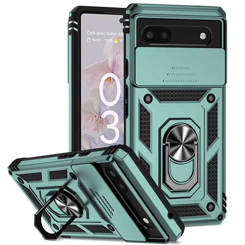 Sliding Camera Cover Armor Case with Ring Holder for Google Pixel 6–8 Series