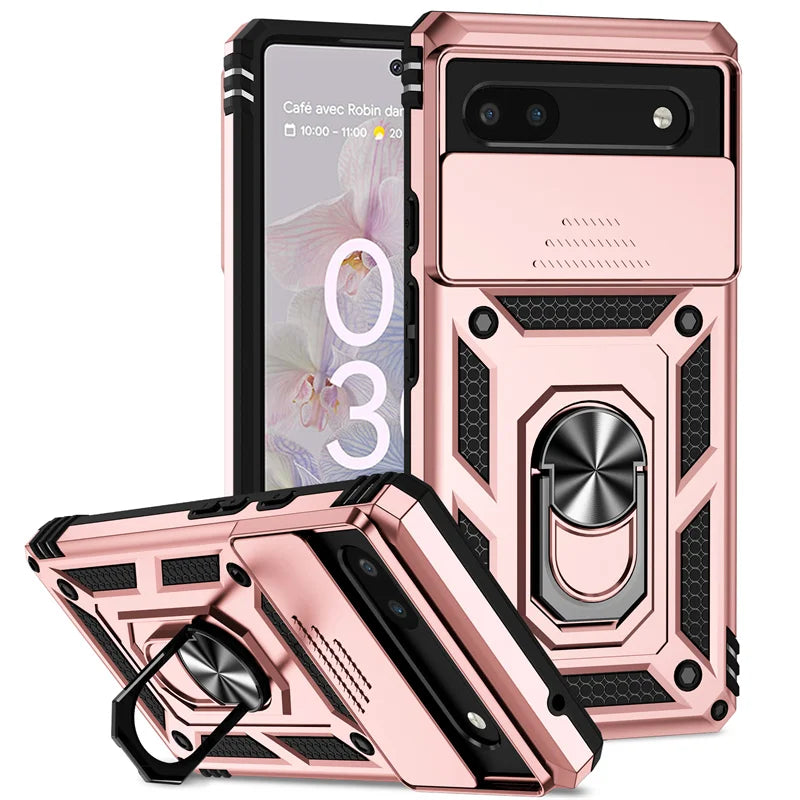 Sliding Camera Cover Armor Case with Ring Holder for Google Pixel 6–8 Series