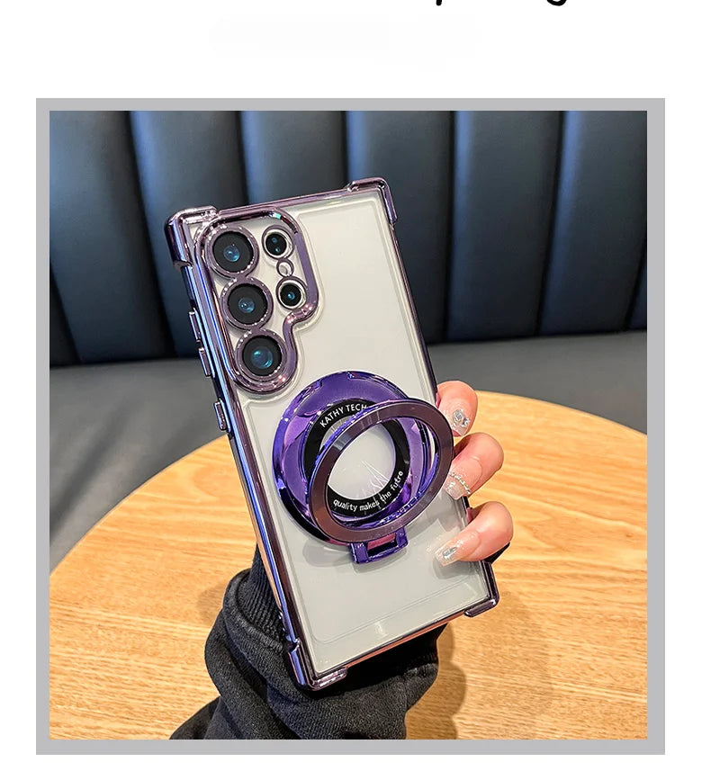 Luxury Magnetic Plating Stand Case for Samsung Galaxy S25 / S24 / S23 / S22 / S21 / Note 20 / Note 10 – Shockproof Acrylic Clear Cover