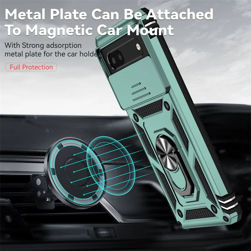 Sliding Camera Cover Armor Case with Ring Holder for Google Pixel 6–8 Series