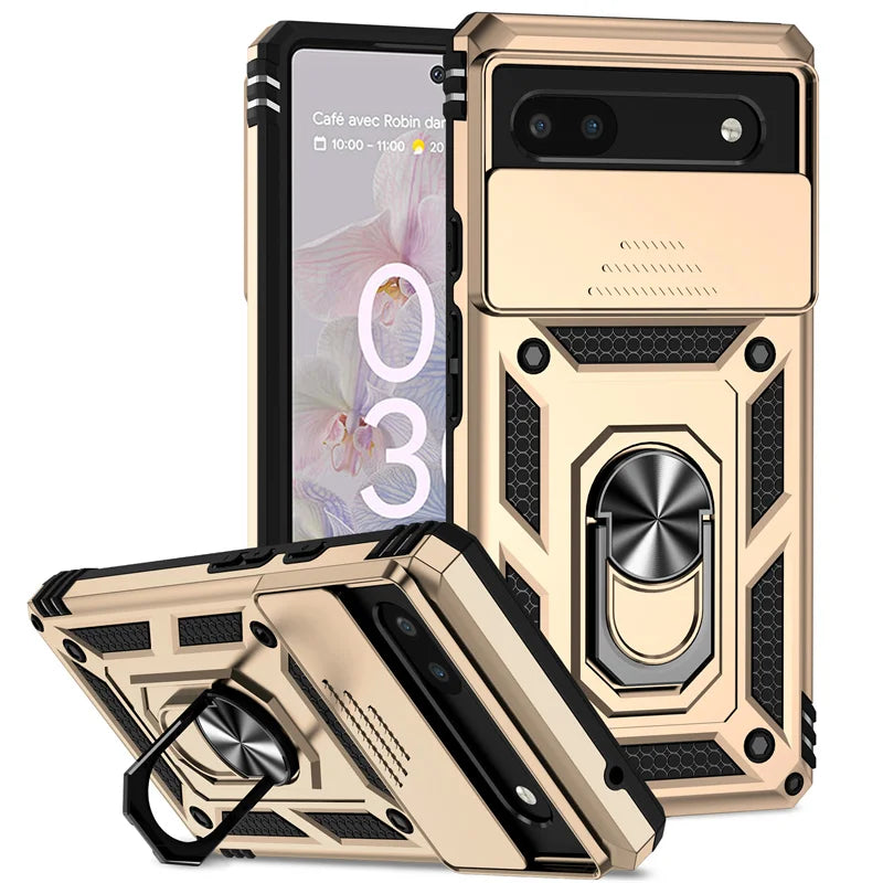 Sliding Camera Cover Armor Case with Ring Holder for Google Pixel 6–8 Series