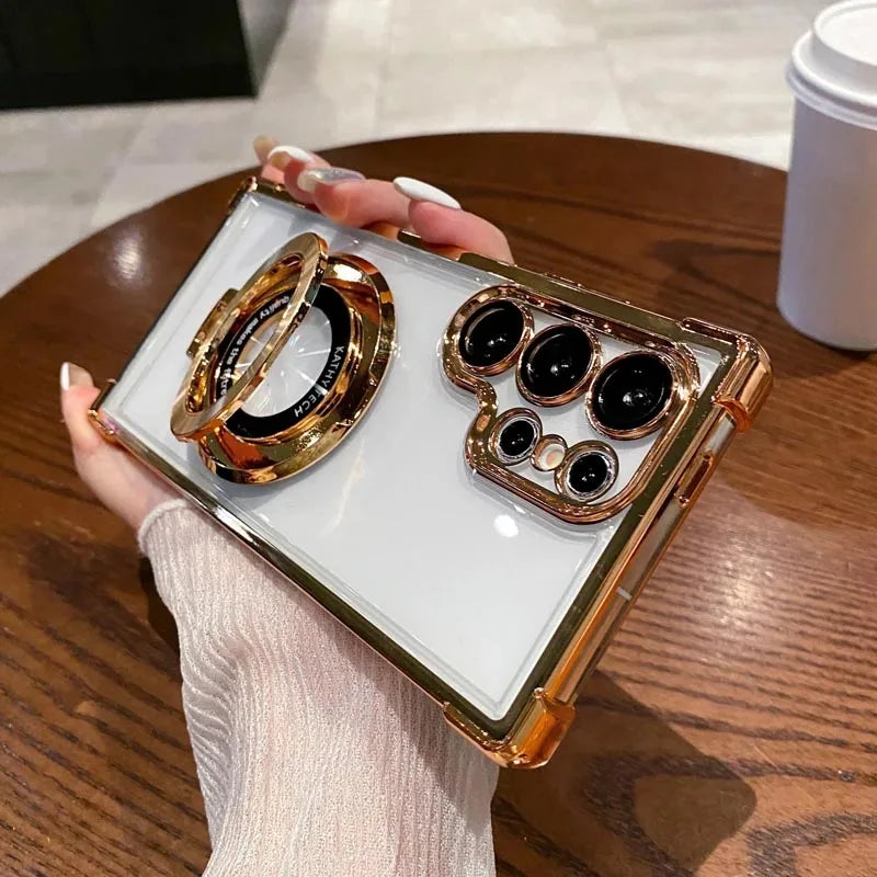 Luxury Magnetic Plating Stand Case for Samsung Galaxy S25 / S24 / S23 / S22 / S21 / Note 20 / Note 10 – Shockproof Acrylic Clear Cover