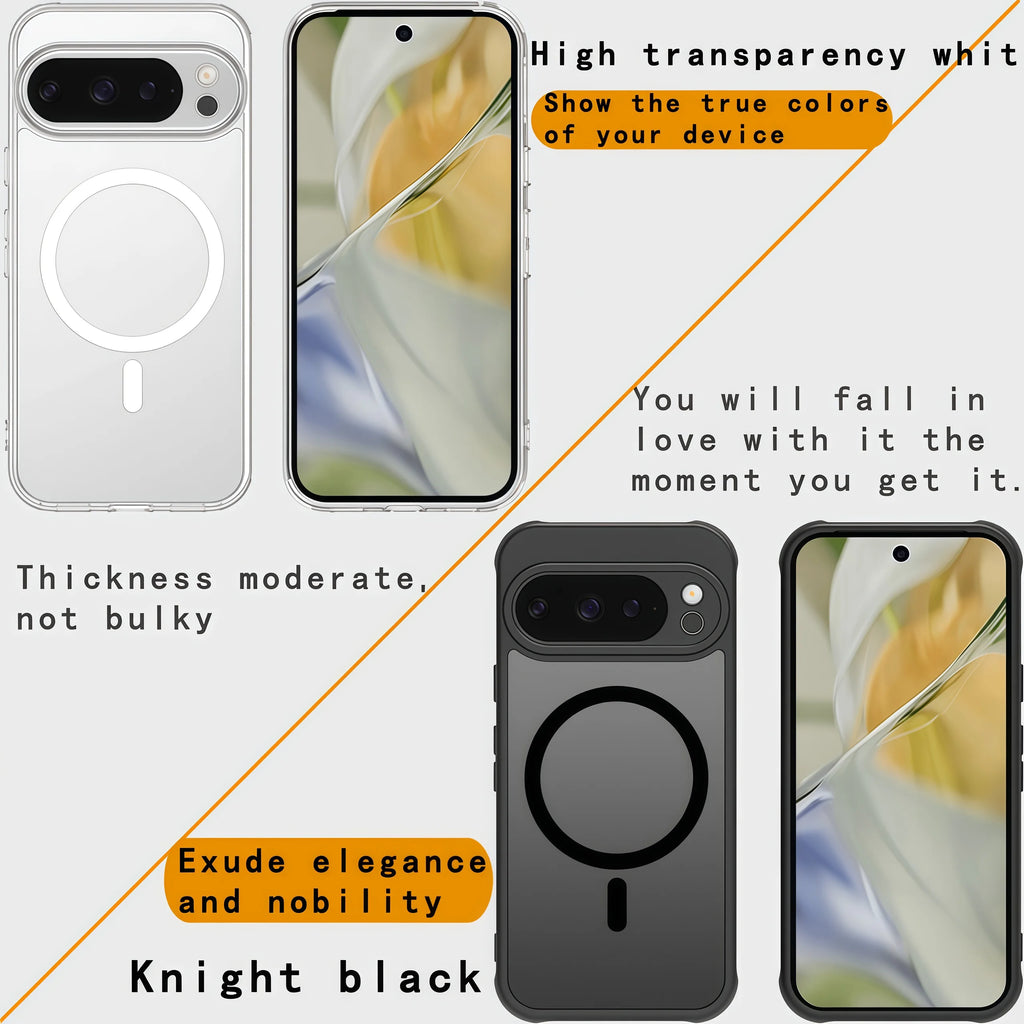 Magnetic Armor Matte Frosted Case for Google Pixel (Clear & Black — Pixel 6 to Pixel 10 Series)