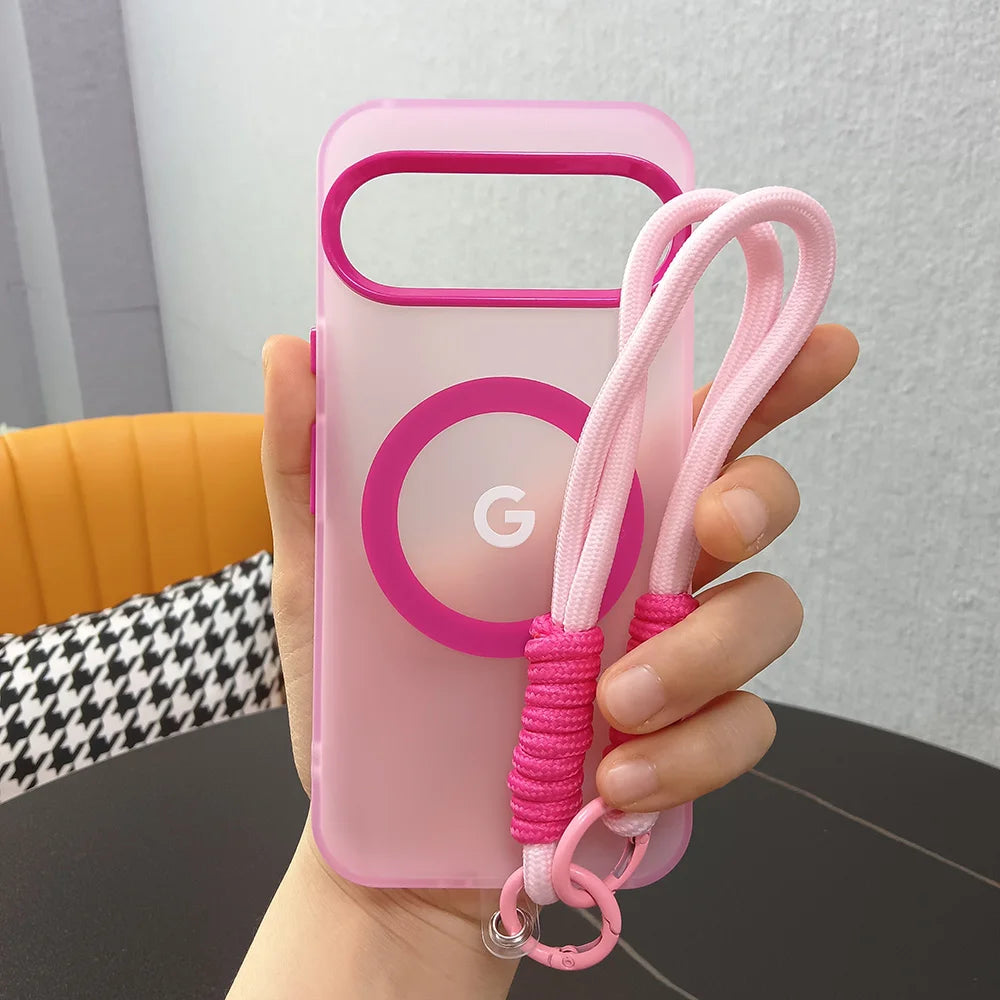 Translucent Matte Candy Color MagSafe Case with Wrist Lanyard for Google Pixel 8–10 Series