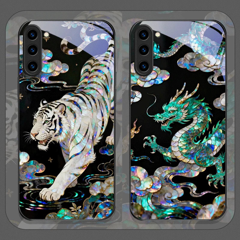 Samsung Galaxy Tempered Glass Case – Tiger, Dragon & Marble Print