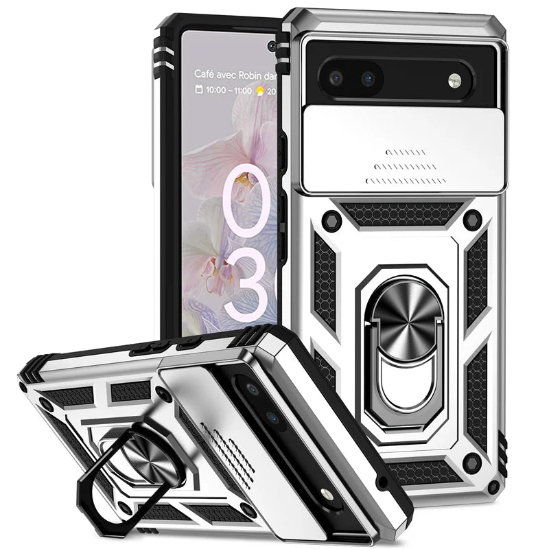 Sliding Camera Cover Armor Case with Ring Holder for Google Pixel 6–8 Series