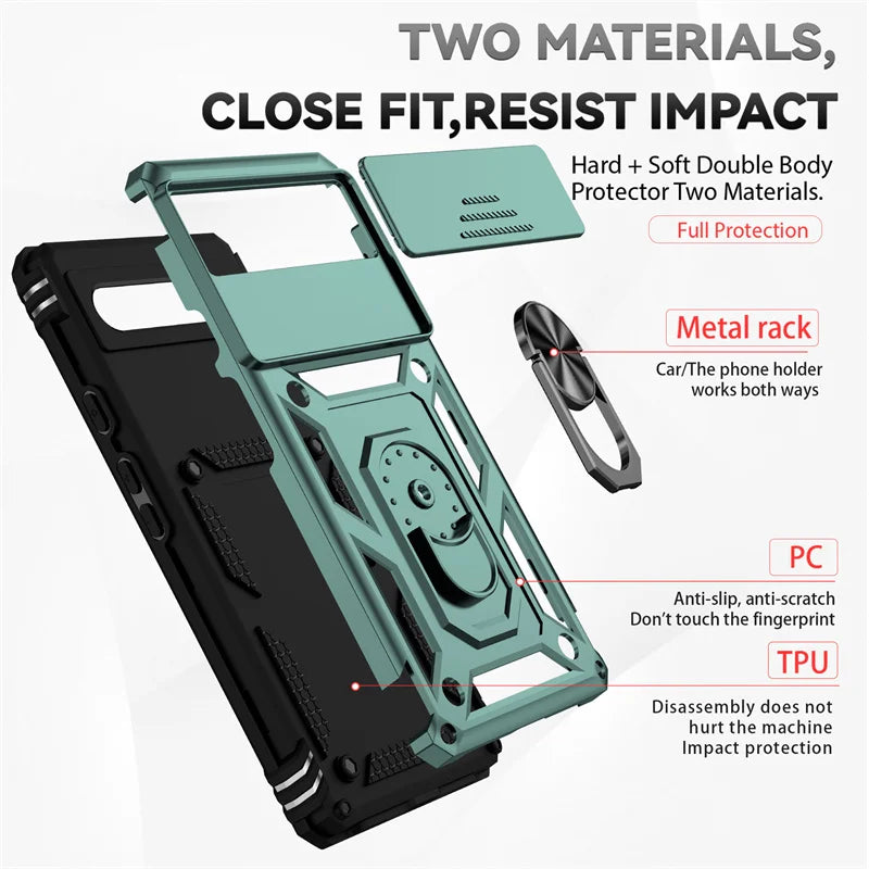Sliding Camera Cover Armor Case with Ring Holder for Google Pixel 6–8 Series