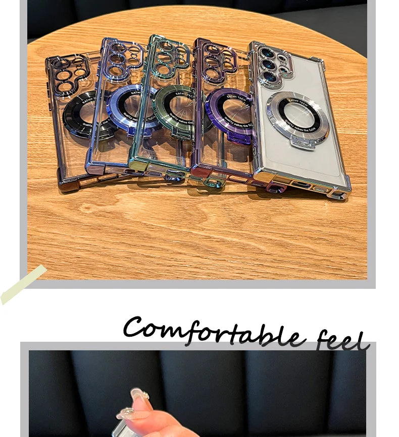 Luxury Magnetic Plating Stand Case for Samsung Galaxy S25 / S24 / S23 / S22 / S21 / Note 20 / Note 10 – Shockproof Acrylic Clear Cover