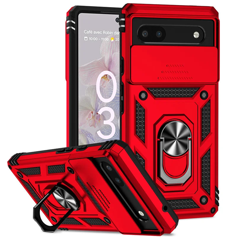 Sliding Camera Cover Armor Case with Ring Holder for Google Pixel 6–8 Series
