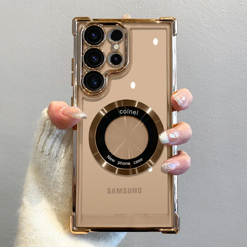 Luxury Plating Magnetic Wireless Charge Case for Samsung Galaxy S26 / S25 / S24 / S23 / S22 / S21 / Note 20 Series – Clear Lens Protection Cover