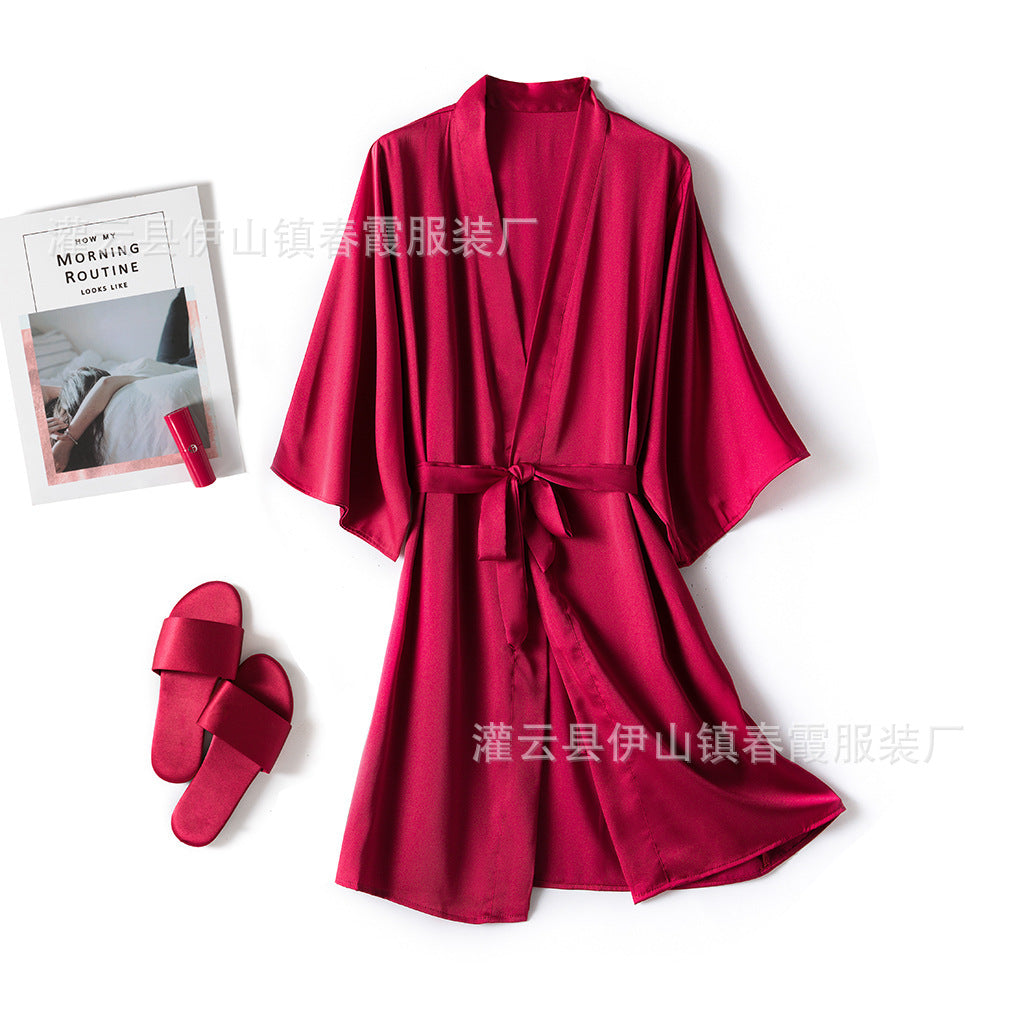 Silky Mid-Length Robe & Nightgown Set