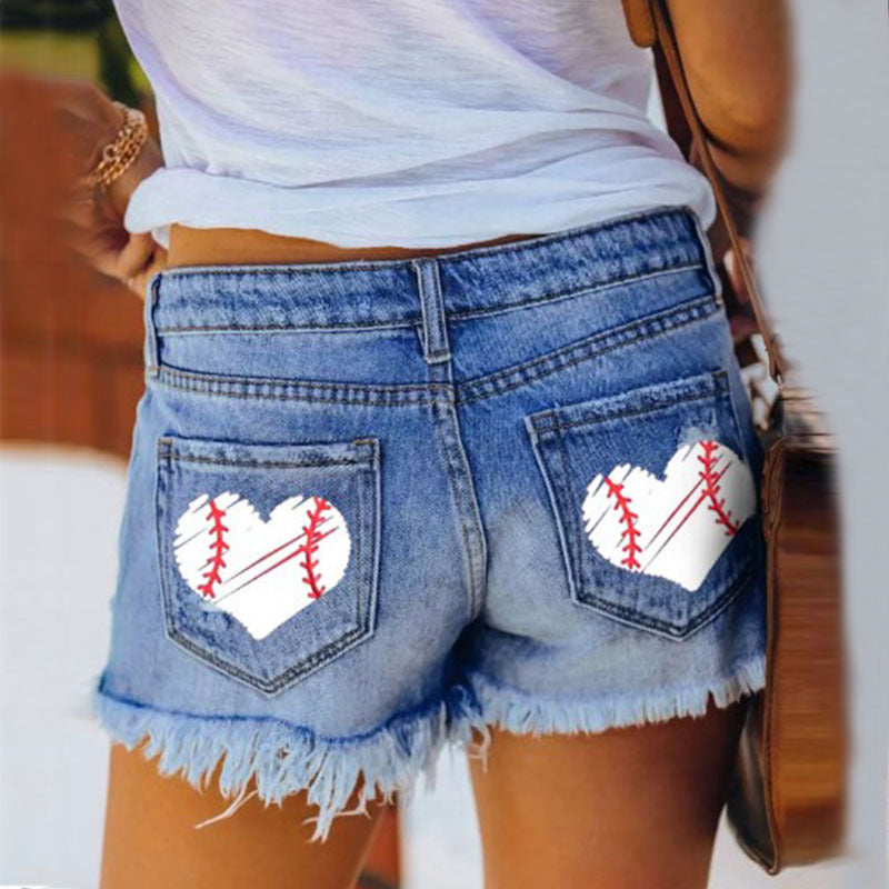 Ripped Tassel Denim Shorts with Heart Patch