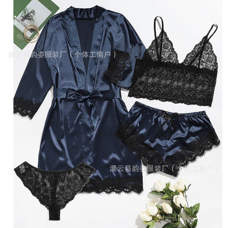 Silky Robe & Lace Halter Slip Set